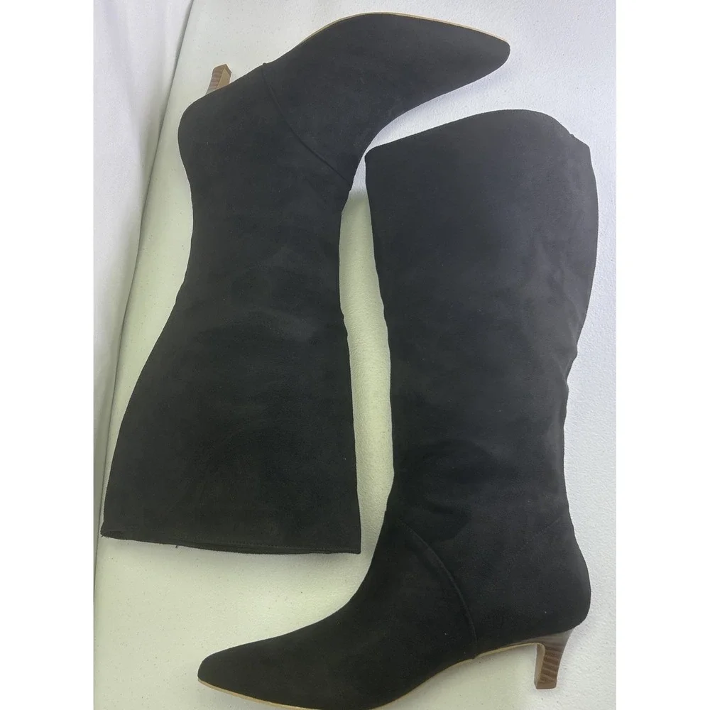 Coutgo Black Suede Knee High Boots Size 8.5 NIB Pointed Toe Kitten‎ Heel